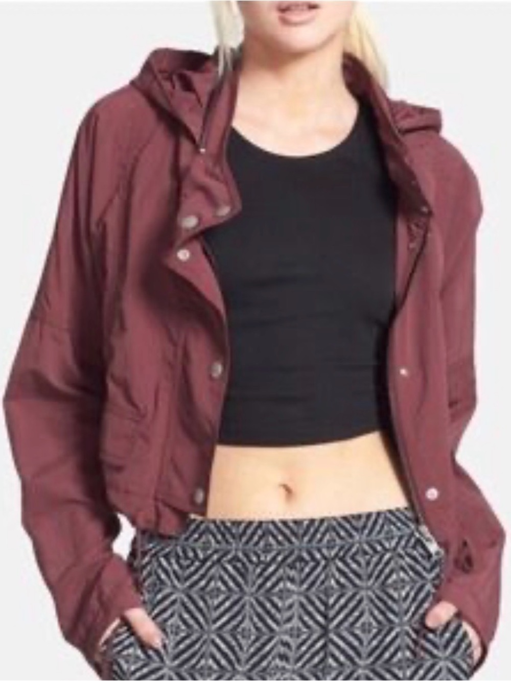 TILDON Crop Anorak Tuck-Away-Hood Rain Jacket Burgundy Women's Size M